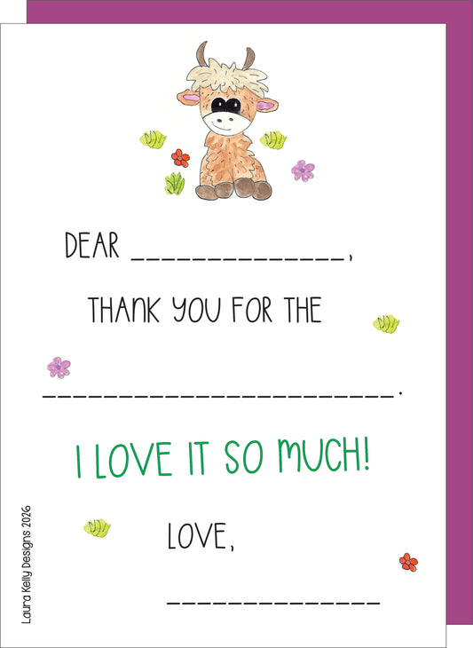 Fill In Thank You Notes - Highland Cow